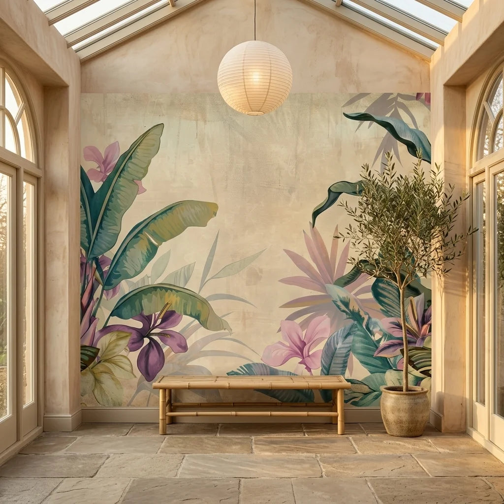 Parchment & Bloom tropical wallpaper with pink flowers and green banana leaves in sun-lit conservatory