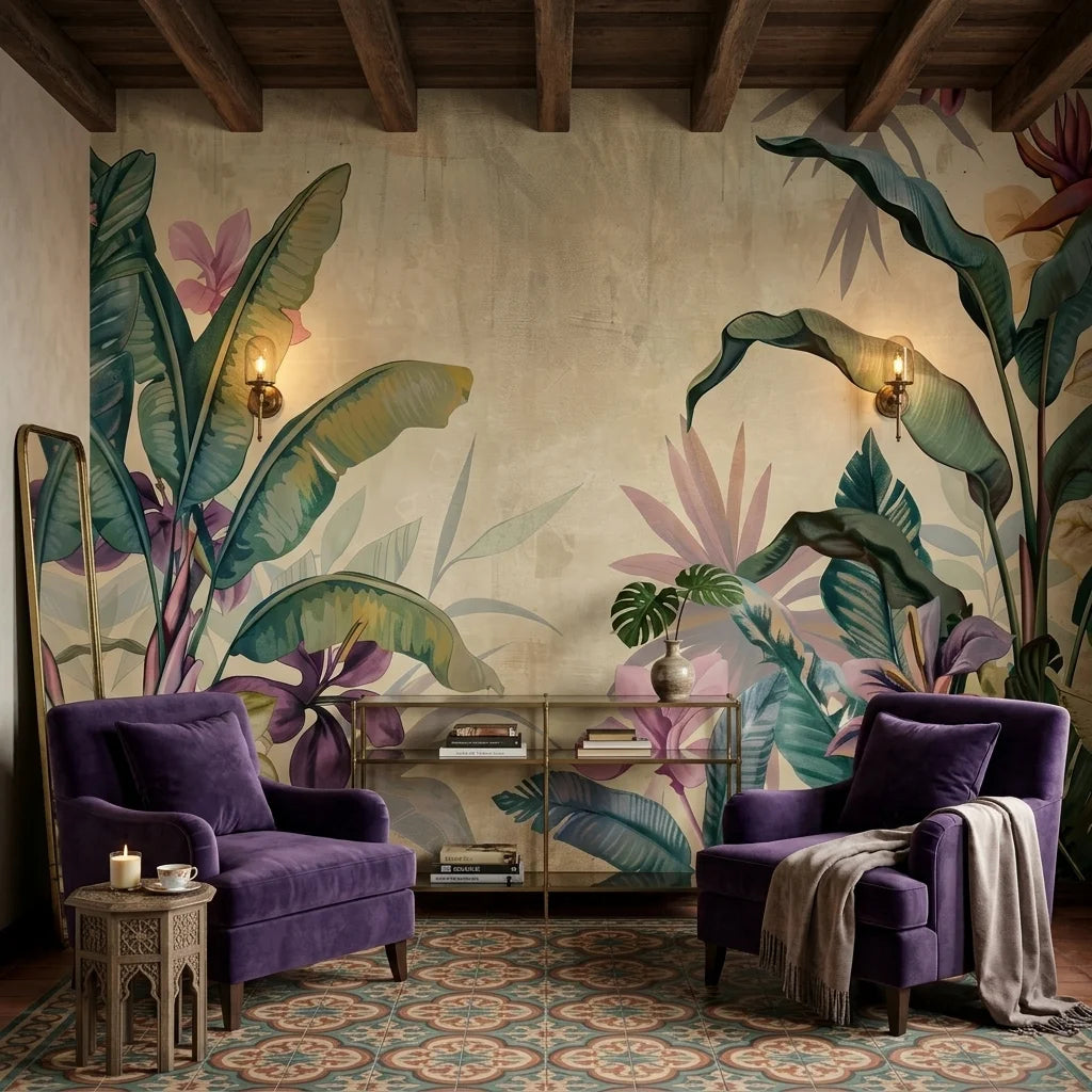 Tropical botanical Parchment & Bloom wallpaper with purple florals and green palm leaves on vintage beige background