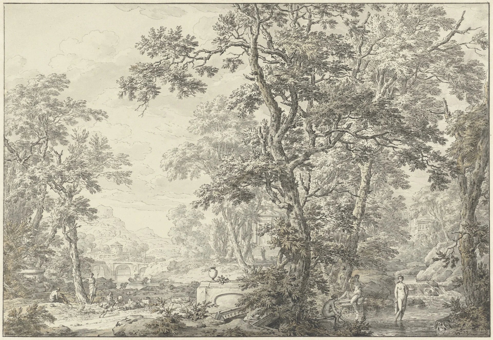 Classical Park Promenade toile wallpaper depicting sepia forest landscape with ancient trees and figures