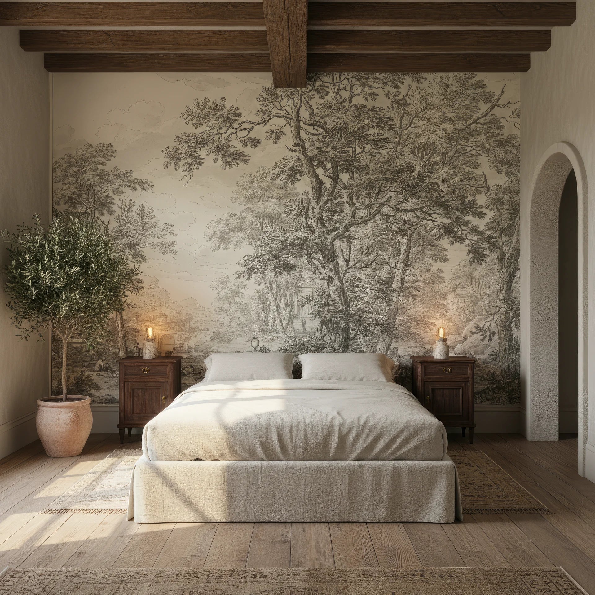 Park Promenade forest mural wallpaper with sepia trees in Mediterranean bedroom setting