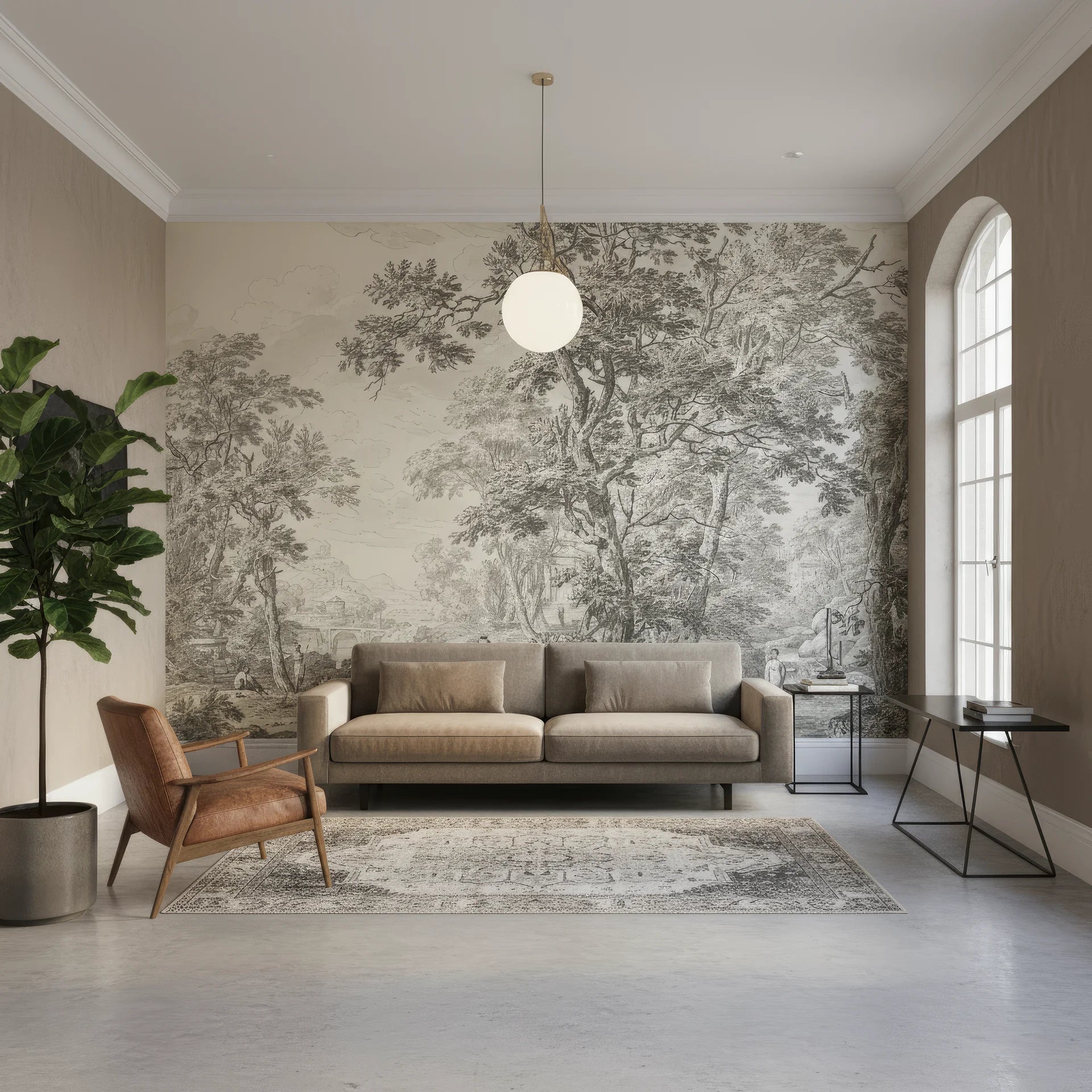 Sepia and cream Park Promenade toile wallpaper featuring scenic forest landscape in modern living room