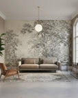 Sepia and cream Park Promenade toile wallpaper featuring scenic forest landscape in modern living room