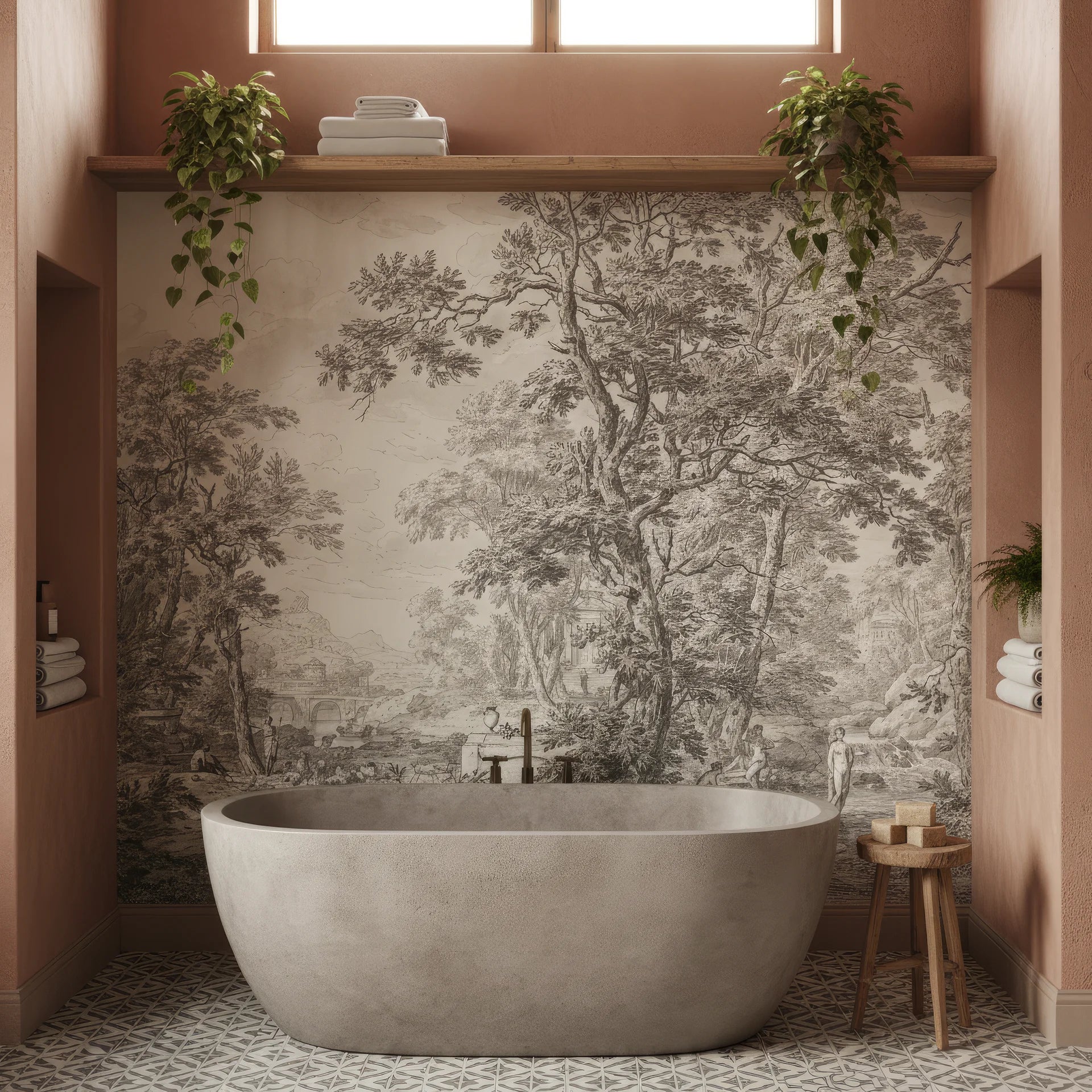 Park Promenade toile wallpaper with sepia forest scene behind freestanding tub in terracotta bathroom