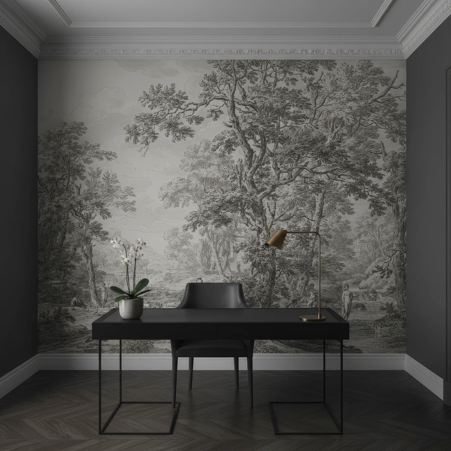 Gray and white Park Promenade toile wallpaper featuring detailed forest scene in modern home office setting