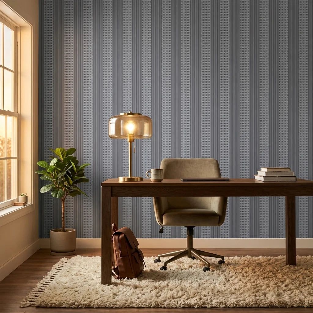 Parlor Stripe blue geometric peel and stick wallpaper as a feature wall in a bright home office