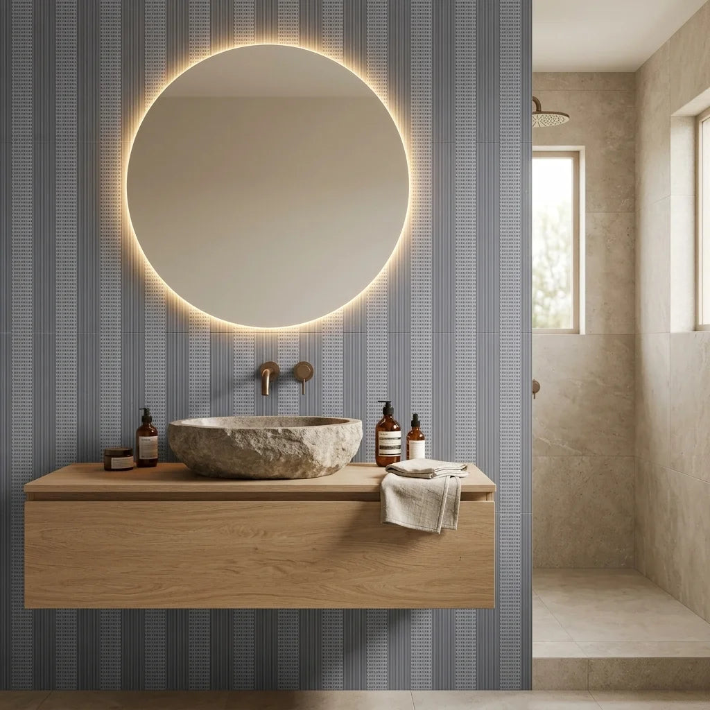 Parlor Stripe blue geometric peel and stick wallpaper creating ambiance in a serene bathroom
