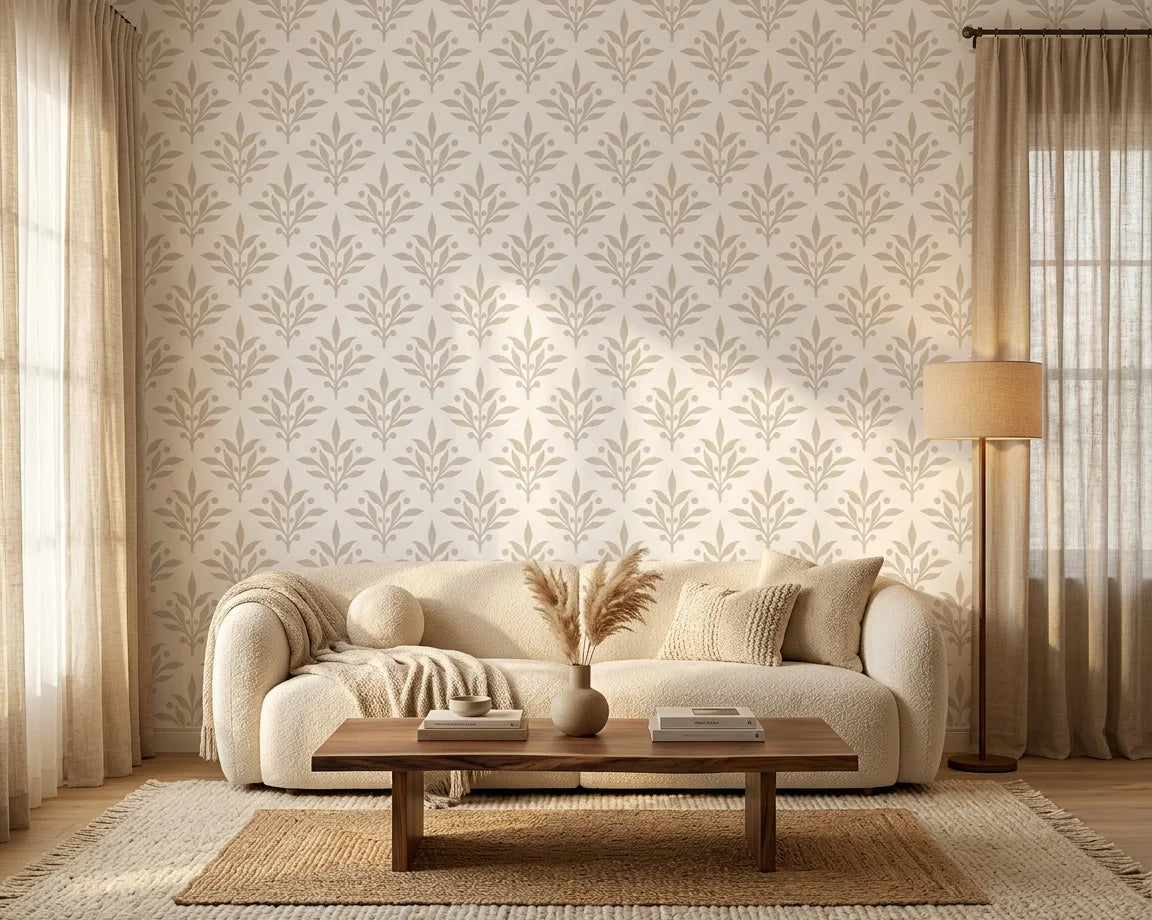 Pastel Bouquet Parade soft beige botanical damask wallpaper in a warm and inviting living room