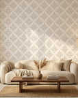 Pastel Bouquet Parade soft beige botanical damask wallpaper in a warm and inviting living room