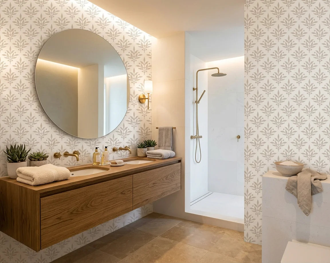 Pastel Bouquet Parade soft beige botanical damask wallpaper creating ambiance in a serene bathroom