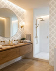 Pastel Bouquet Parade soft beige botanical damask wallpaper creating ambiance in a serene bathroom