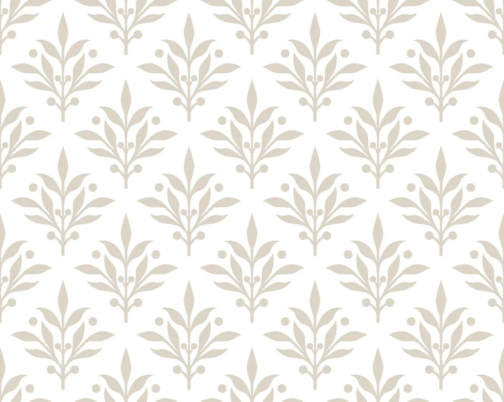 Elegant beige botanical motifs on white Pastel Bouquet Parade peel and stick wallpaper in soft neutral tones
