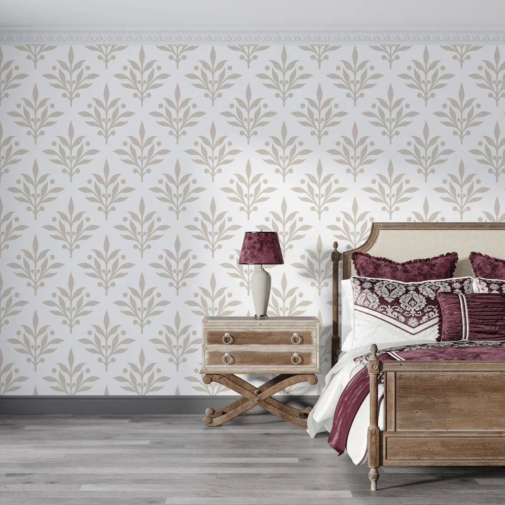 Taupe botanical leaf motifs in Pastel Bouquet Parade peel and stick wallpaper on bedroom accent wall
