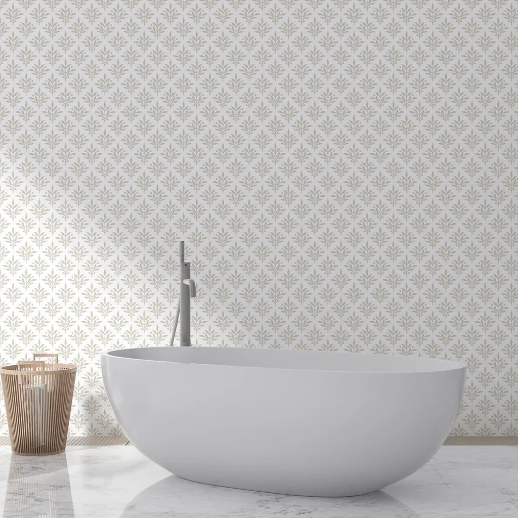 Beige and cream Pastel Bouquet Parade peel and stick wallpaper in minimalist spa bathroom with freestanding tub