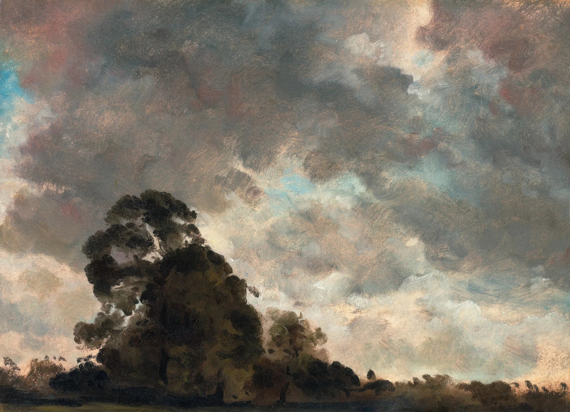 Romantic landscape Pastoral Meadow wallpaper with dramatic storm clouds and silhouetted trees in moody earth tones