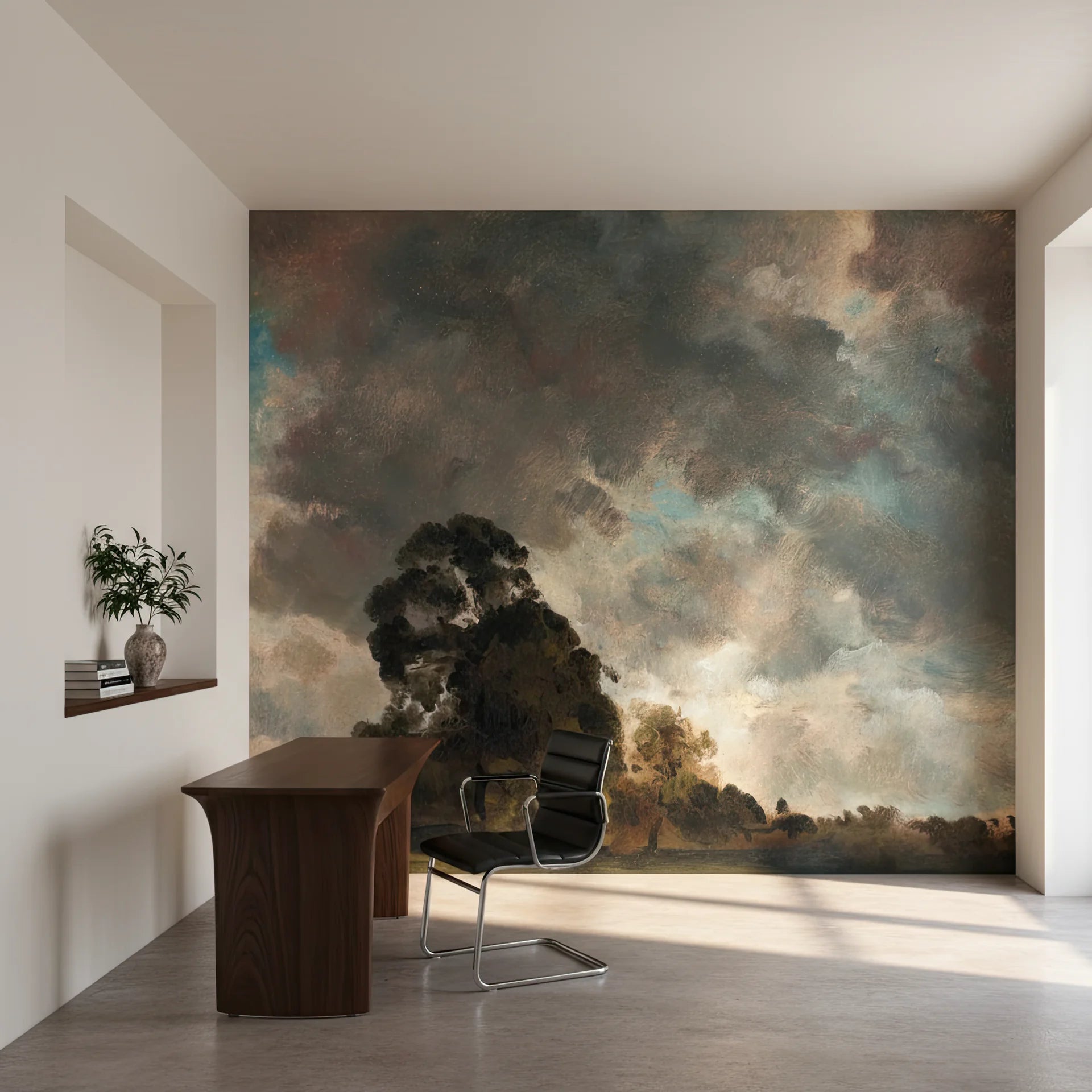 Dramatic Pastoral Meadow wallpaper mural featuring stormy skies and silhouetted trees in a minimalist home office