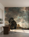 Dramatic Pastoral Meadow wallpaper mural featuring stormy skies and silhouetted trees in a minimalist home office
