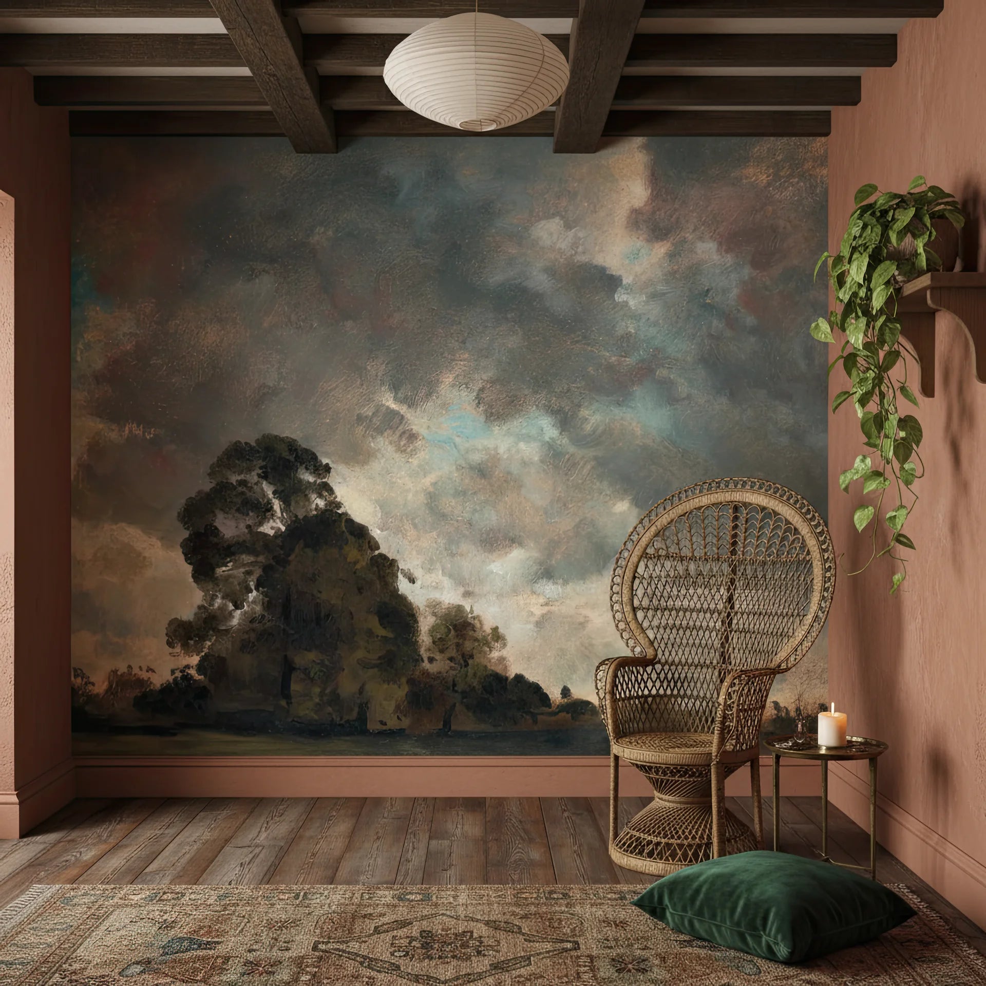Pastoral Meadow mural wallpaper featuring dramatic sky and ancient trees in a modern rustic living room