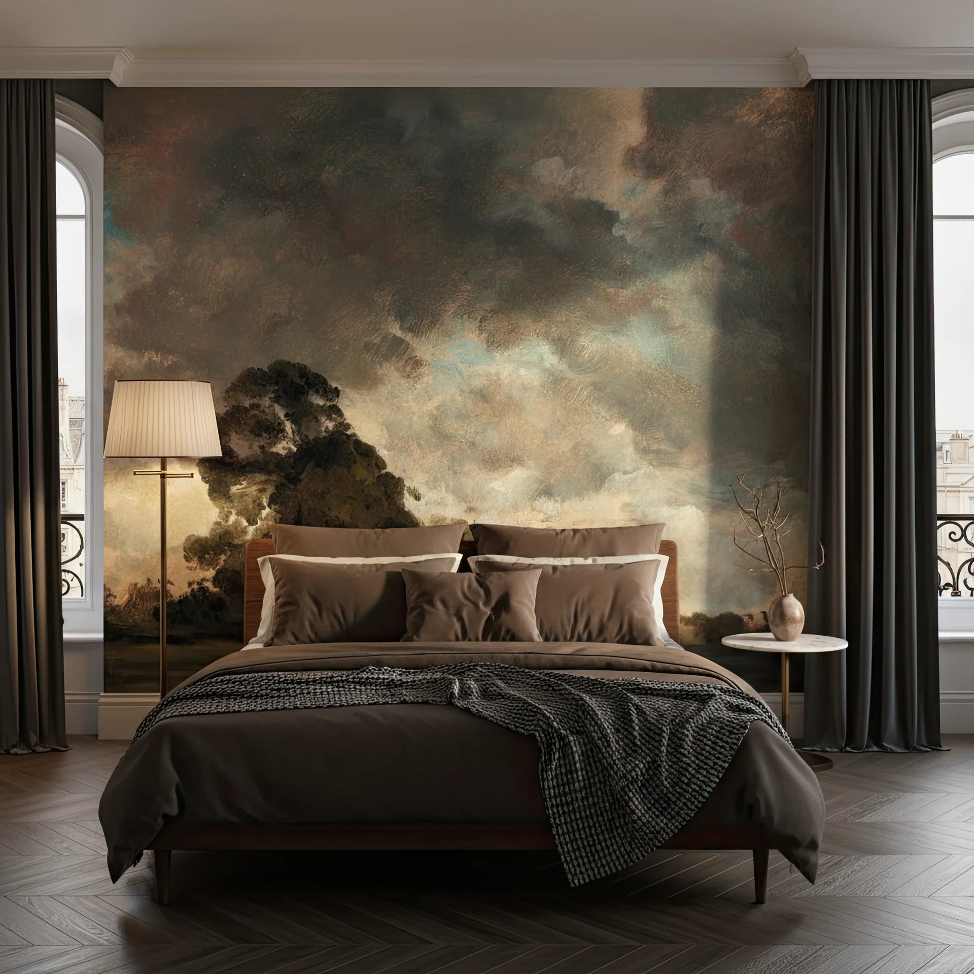 Dramatic Pastoral Meadow mural wallpaper with stormy sky and silhouetted tree on bedroom accent wall