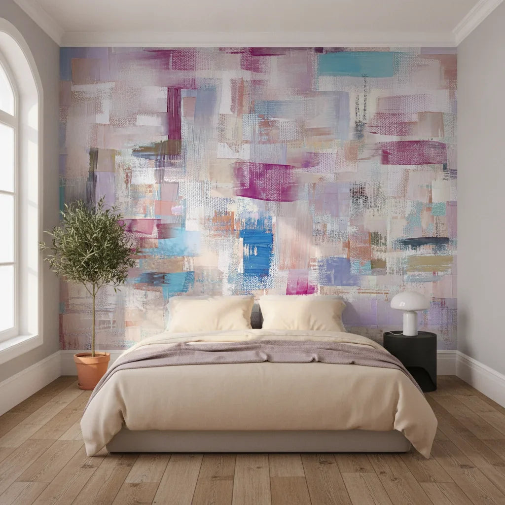 Patchwork Bloom vibrant magenta and blue abstract in a warm and inviting living room