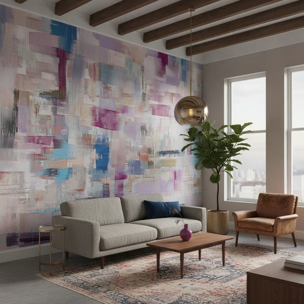 Patchwork Bloom vibrant magenta and blue abstract adding character to a cozy bedroom