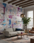 Patchwork Bloom vibrant magenta and blue abstract adding character to a cozy bedroom