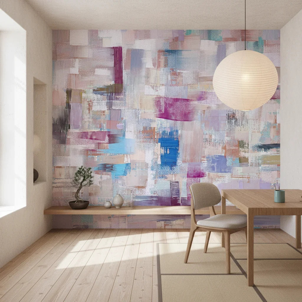 Patchwork Bloom vibrant magenta and blue abstract as a feature wall in a bright home office