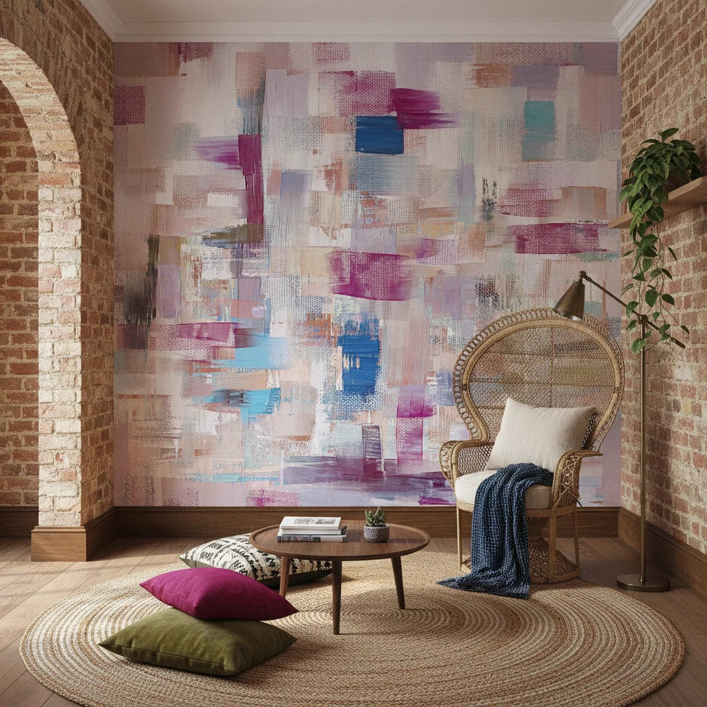 Patchwork Bloom vibrant magenta and blue abstract creating ambiance in a serene bathroom