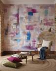 Patchwork Bloom vibrant magenta and blue abstract creating ambiance in a serene bathroom