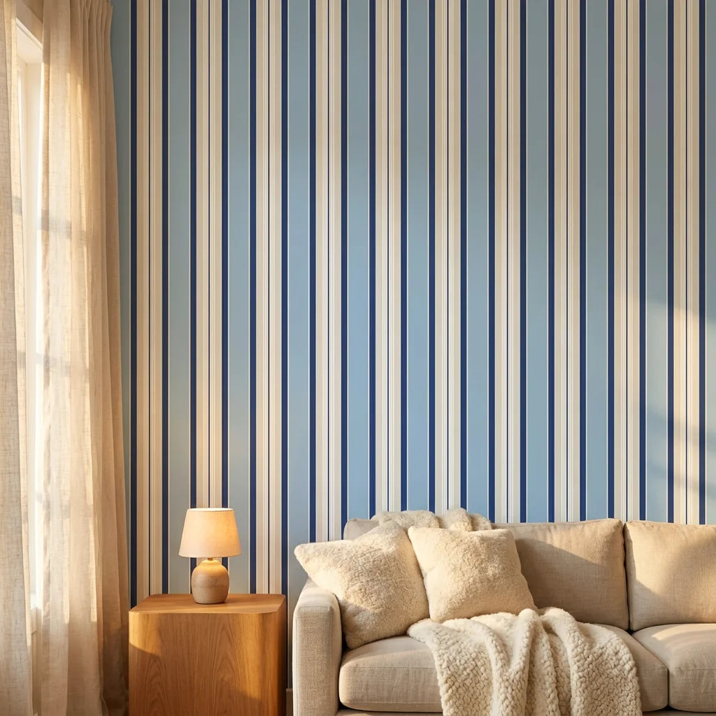 Pavilion Stripe blue and grey striped wallpaper in a warm and inviting living room