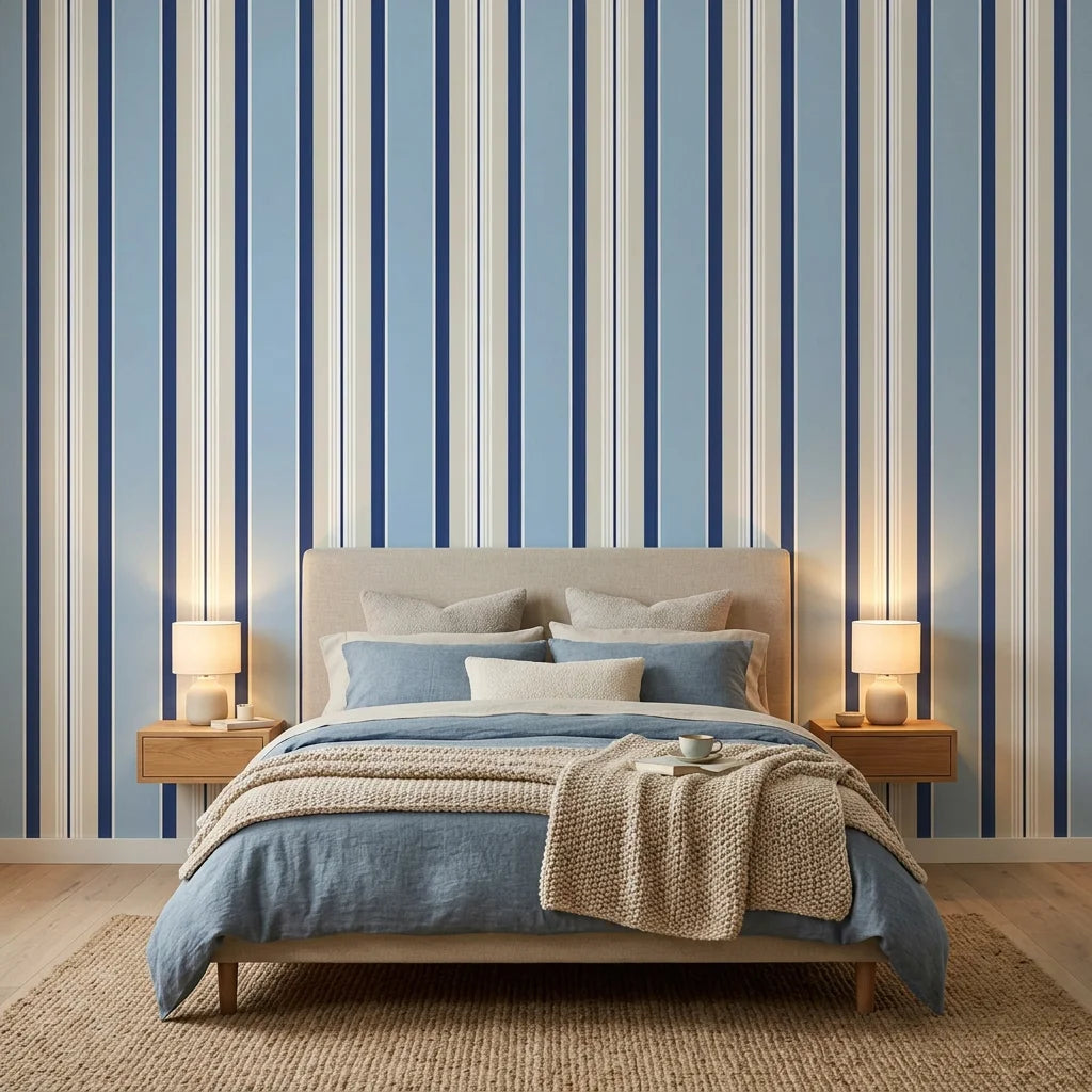 Pavilion Stripe blue and grey striped wallpaper adding character to a cozy bedroom