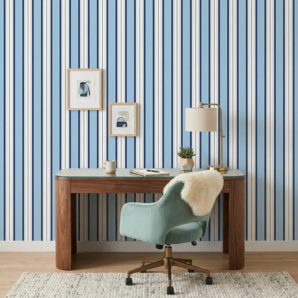 Pavilion Stripe blue and grey striped wallpaper as a feature wall in a bright home office