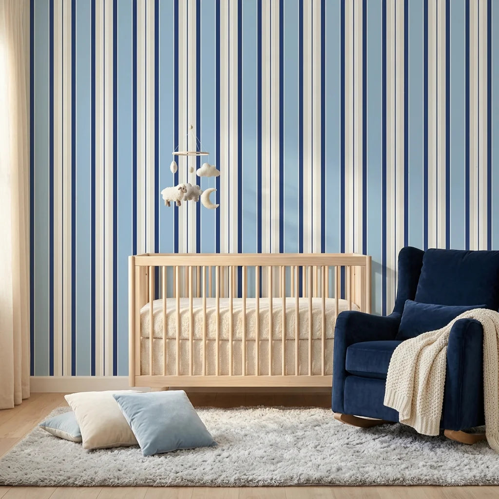 Pavilion Stripe blue and grey striped wallpaper creating ambiance in a serene bathroom