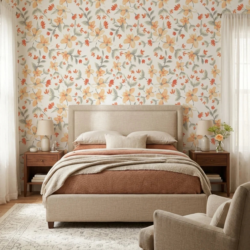 Peach Bloom coral floral peel and stick wallpaper in a warm and inviting living room