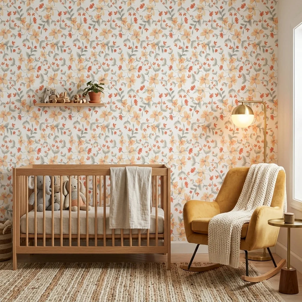 Peach Bloom coral floral peel and stick wallpaper adding character to a cozy bedroom