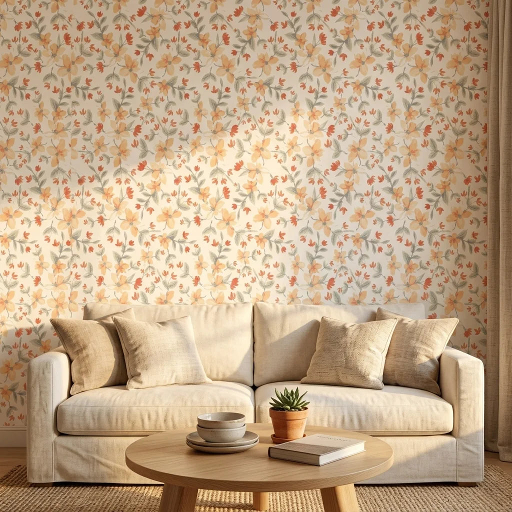 Peach Bloom coral floral peel and stick wallpaper as a feature wall in a bright home office