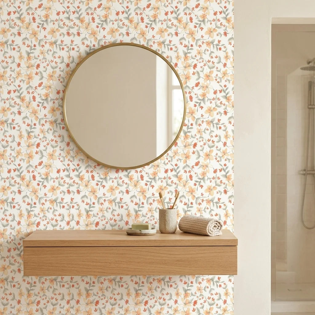 Peach Bloom coral floral peel and stick wallpaper creating ambiance in a serene bathroom