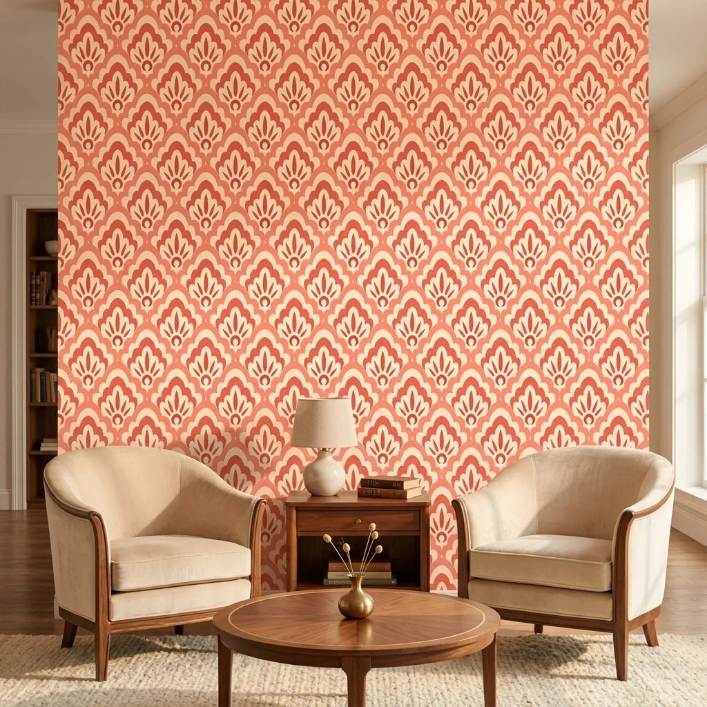 Peach Blossom coral and blush scallop floral wallpaper creating ambiance in a serene bathroom