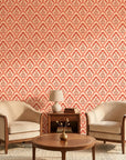 Peach Blossom coral and blush scallop floral wallpaper creating ambiance in a serene bathroom