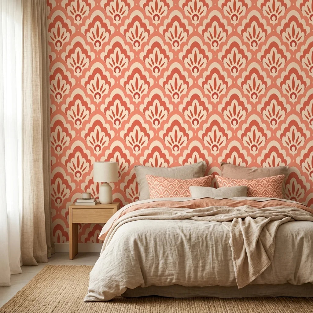 Peach Blossom coral and blush scallop floral wallpaper in a warm and inviting living room
