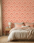 Peach Blossom coral and blush scallop floral wallpaper in a warm and inviting living room