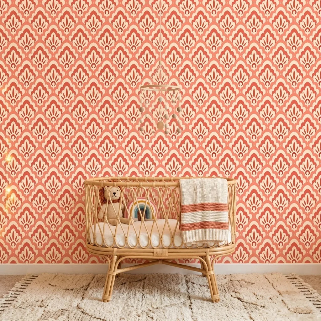 Peach Blossom coral and blush scallop floral wallpaper adding character to a cozy bedroom