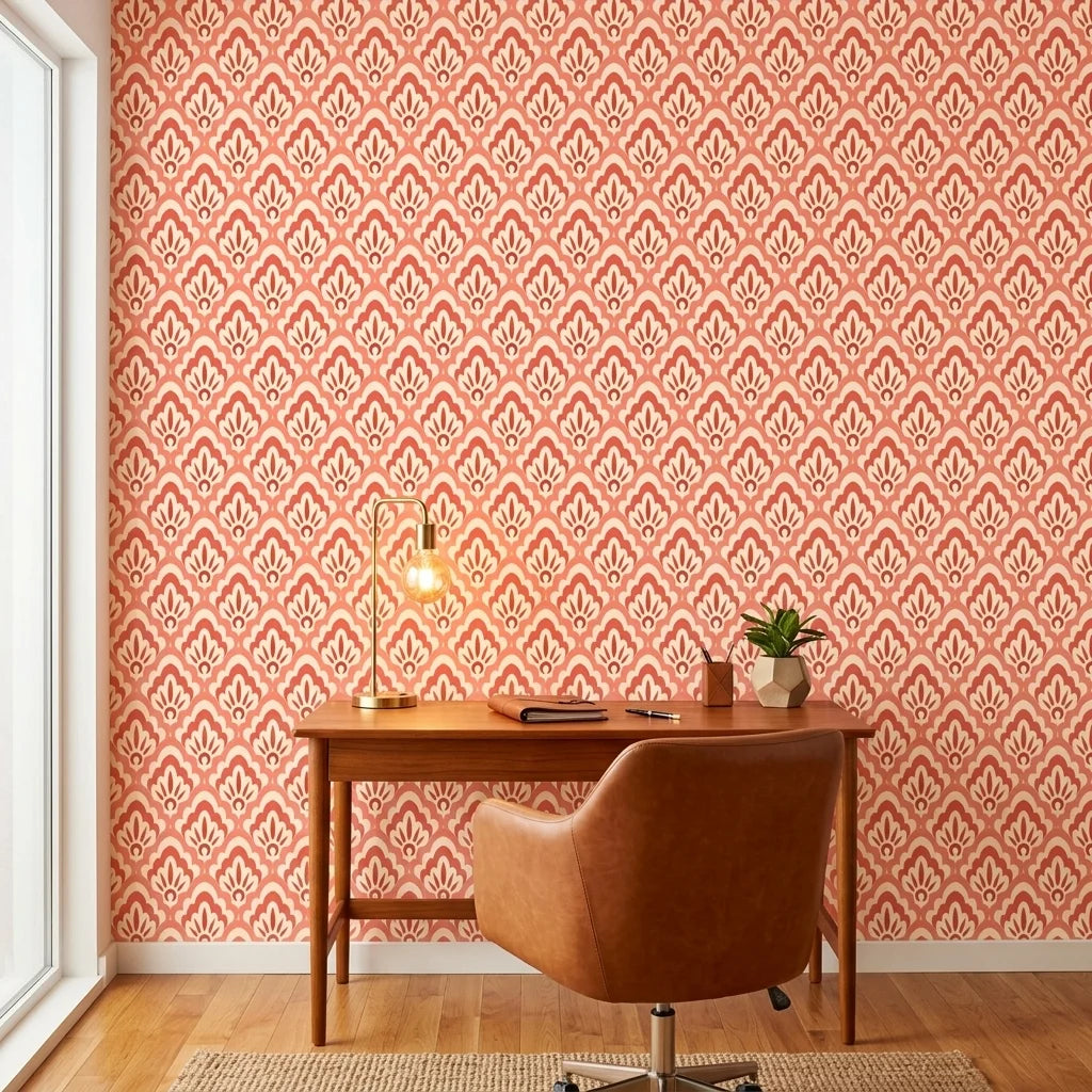 Peach Blossom coral and blush scallop floral wallpaper as a feature wall in a bright home office