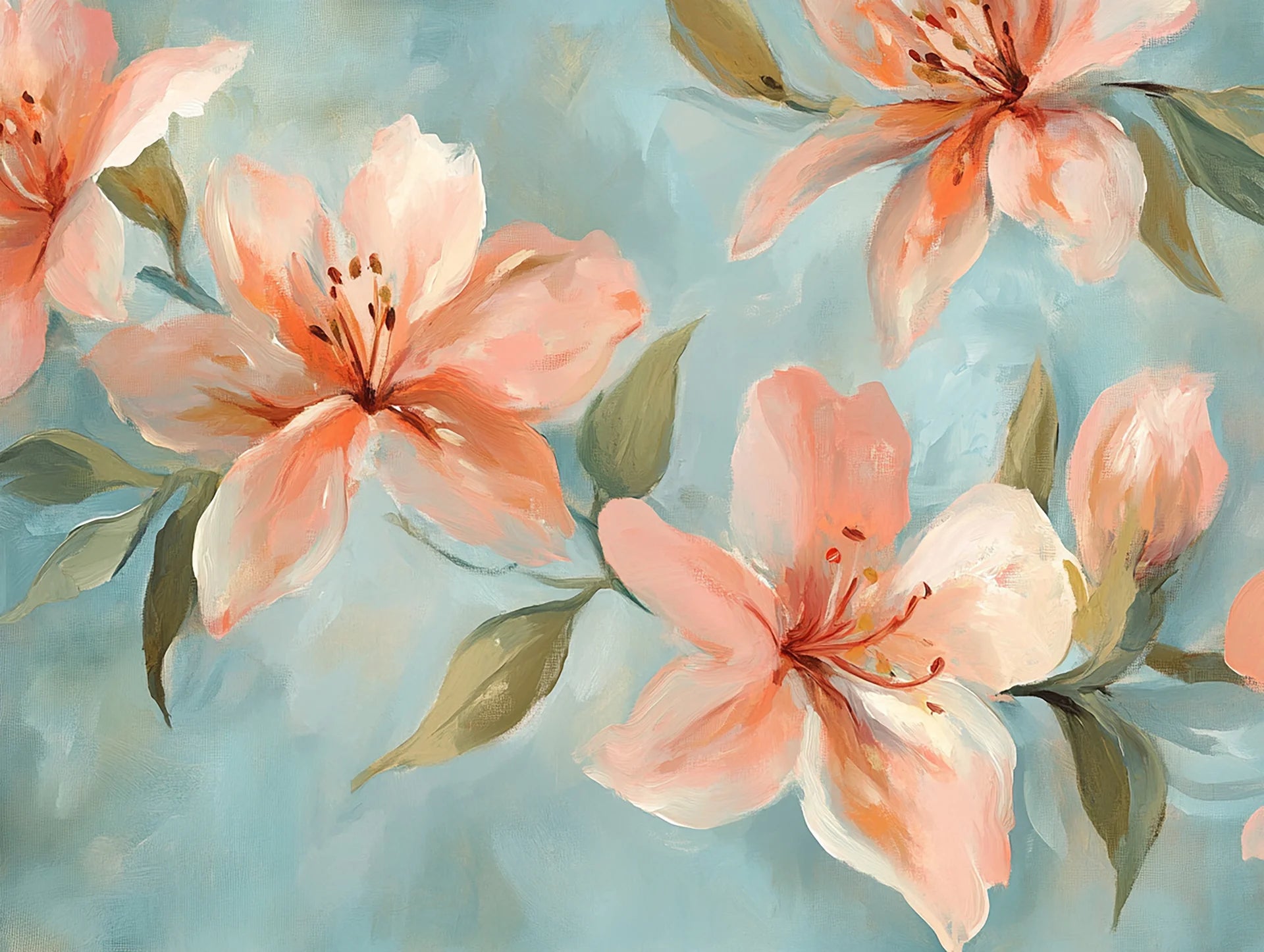 Watercolor peach blossoms on soft blue Peach Tide peel and stick wallpaper with painterly brushstrokes