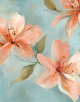 Watercolor peach blossoms on soft blue Peach Tide peel and stick wallpaper with painterly brushstrokes
