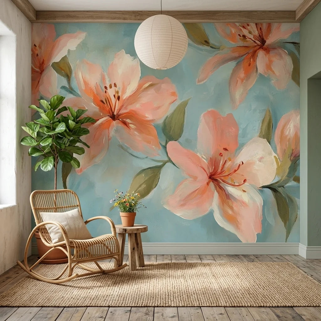 Watercolor peach lily blossoms on soft blue Peach Tide peel and stick wallpaper in sunlit living room