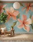 Watercolor peach lily blossoms on soft blue Peach Tide peel and stick wallpaper in sunlit living room