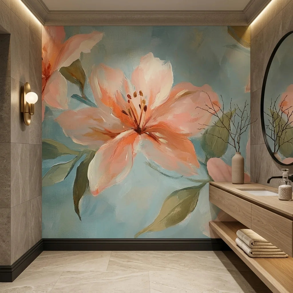 Peach Tide floral wallpaper mural featuring coral blossoms on blue in modern bathroom setting