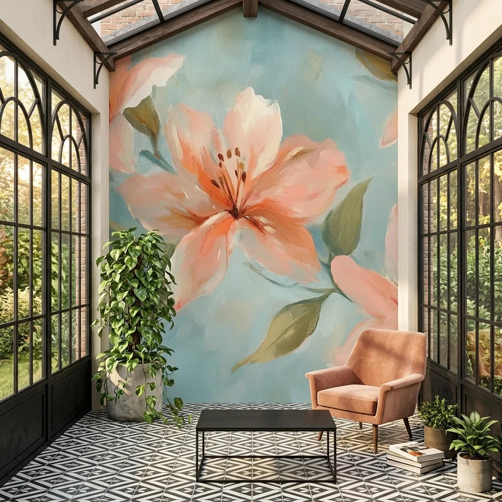 Peach and blue Peach Tide floral wallpaper mural in sunlit conservatory with arched windows