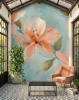 Peach and blue Peach Tide floral wallpaper mural in sunlit conservatory with arched windows