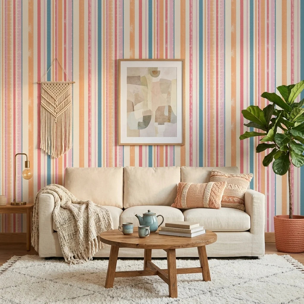 Peach & Flame retro stripe peel and stick wallpaper in a warm and inviting living room